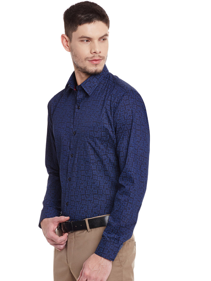 Men Navy Printed Cotton Slim Fit Formal Shirt