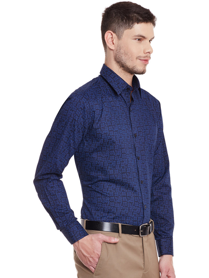 Men Navy Printed Cotton Slim Fit Formal Shirt
