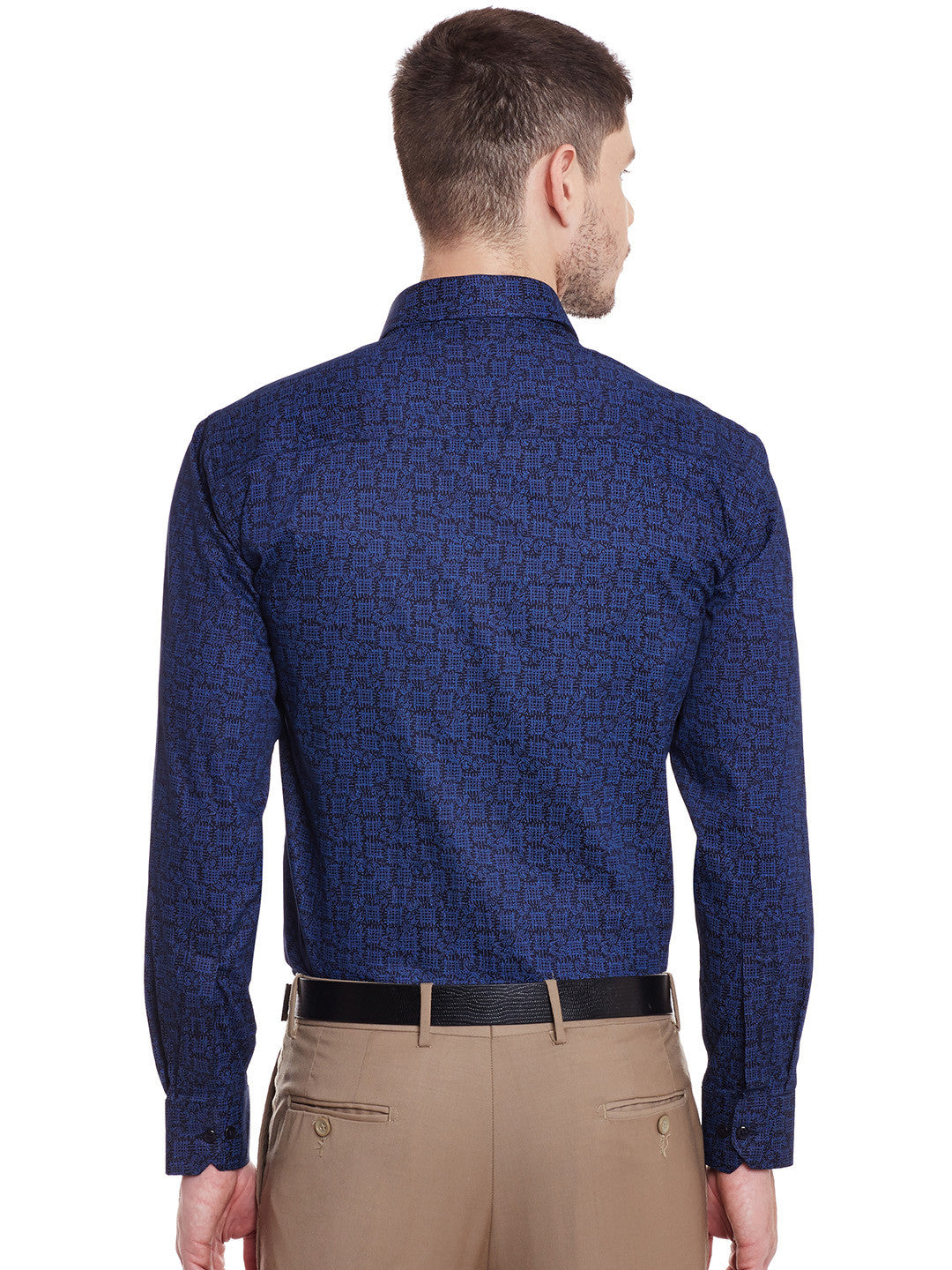 Men Navy Printed Cotton Slim Fit Formal Shirt