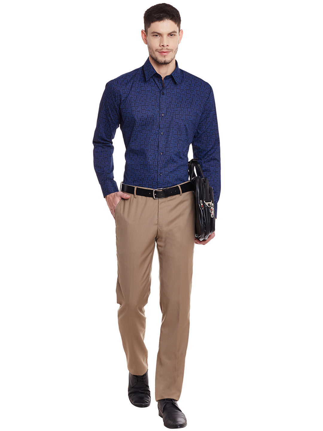 Men Navy Printed Cotton Slim Fit Formal Shirt