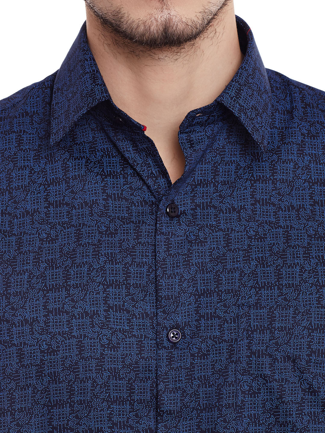Men Navy Printed Cotton Slim Fit Formal Shirt