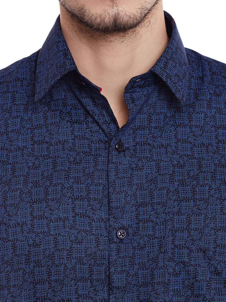 Men Navy Printed Cotton Slim Fit Formal Shirt