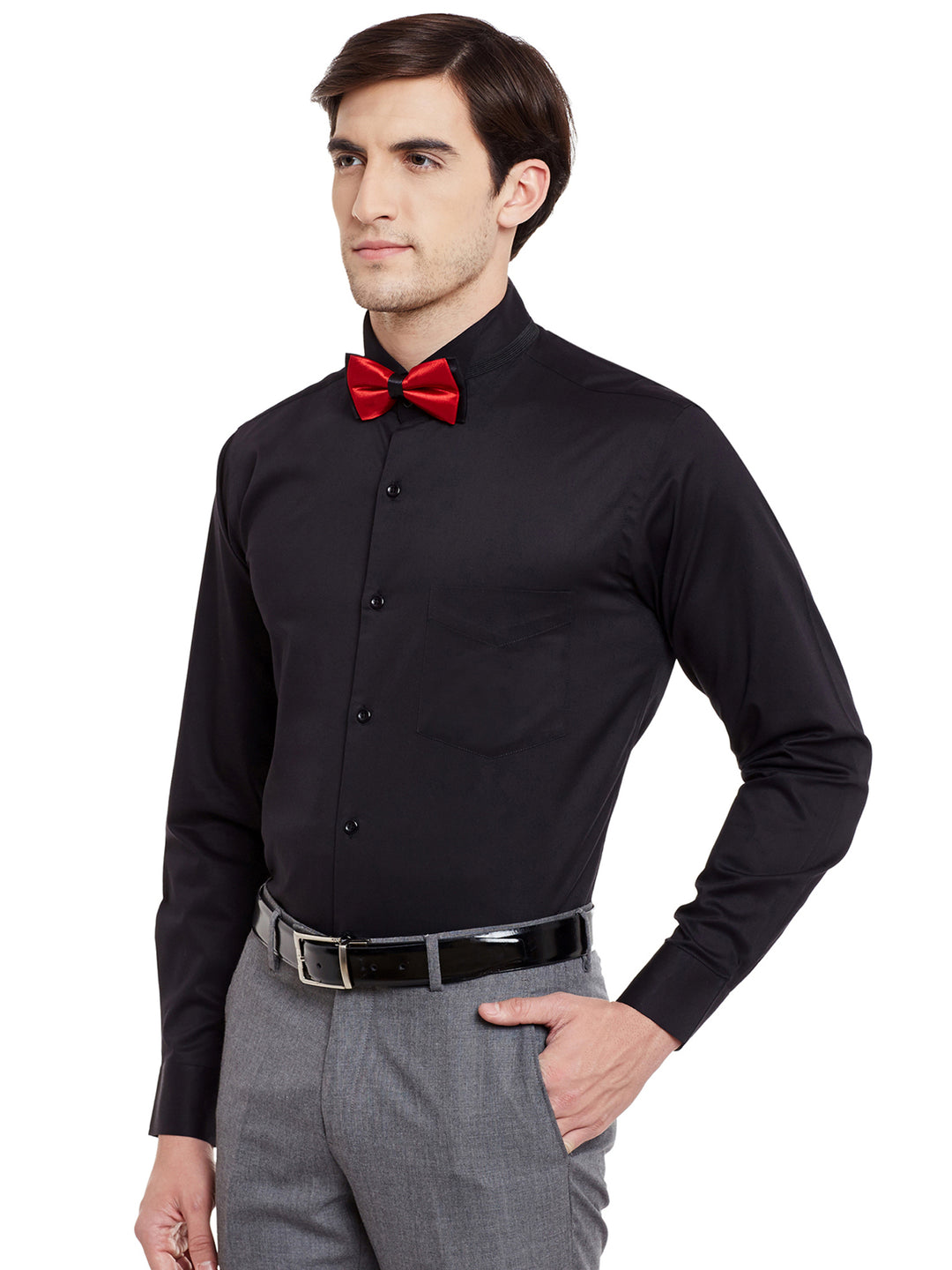Men Black Solid Pure Cotton Bow Collar Slim Fit Formal Shirt
