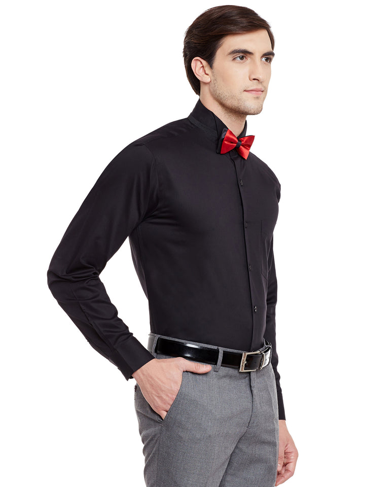 Men Black Solid Pure Cotton Bow Collar Slim Fit Formal Shirt