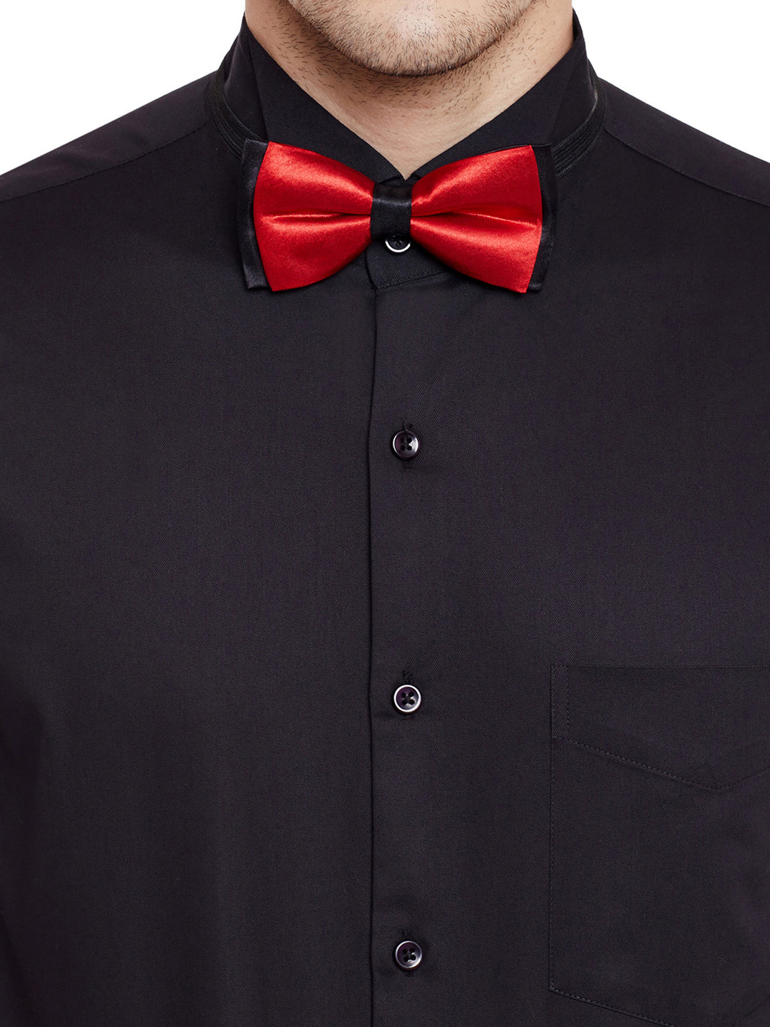 Men Black Solid Pure Cotton Bow Collar Slim Fit Formal Shirt