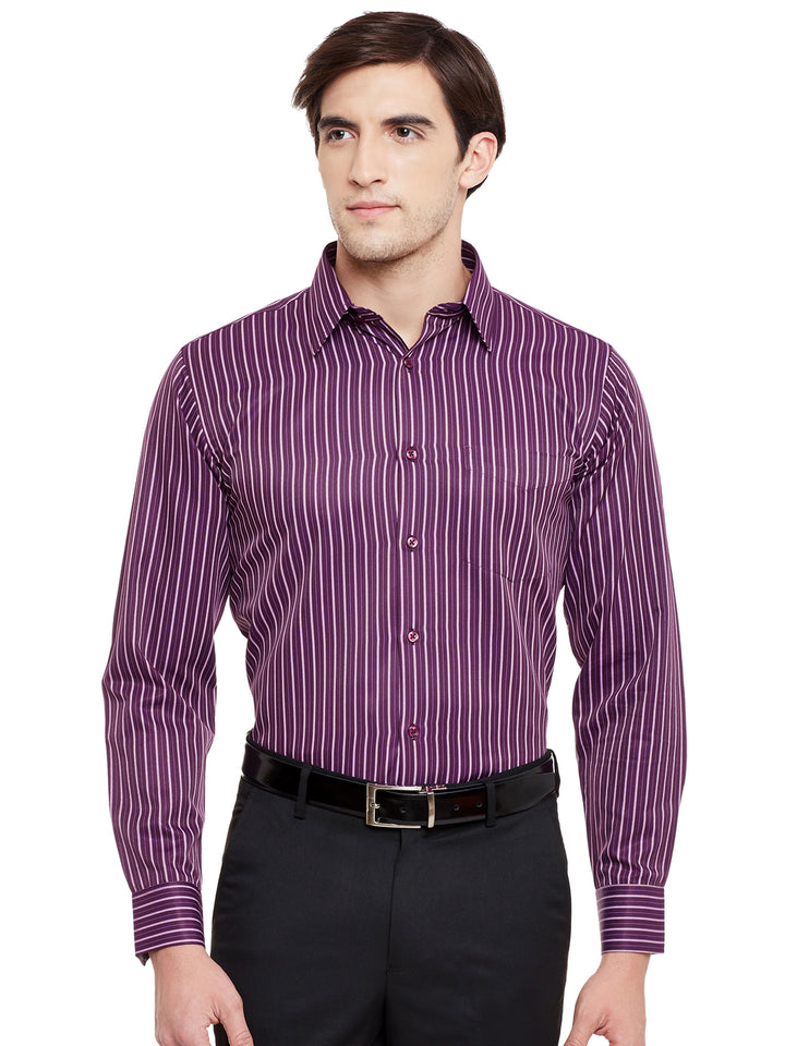 Men Wine Stripe Rich Cotton Slim Fit Formal Shirt