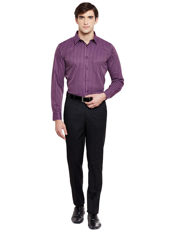 Men Wine Stripe Rich Cotton Slim Fit Formal Shirt