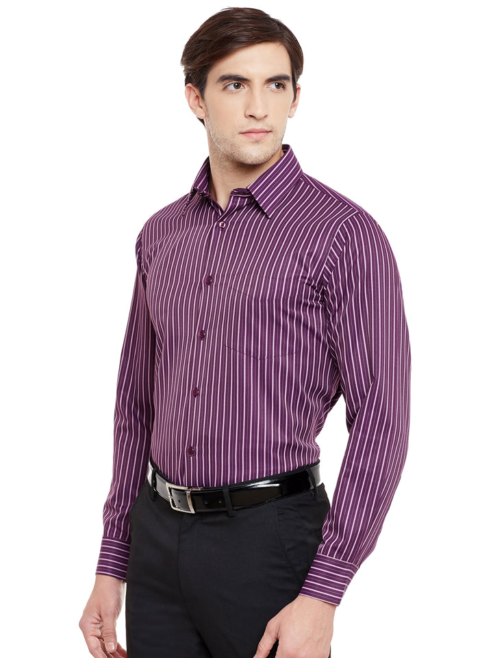 Men Wine Stripe Rich Cotton Slim Fit Formal Shirt