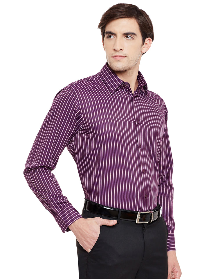 Men Wine Stripe Rich Cotton Slim Fit Formal Shirt