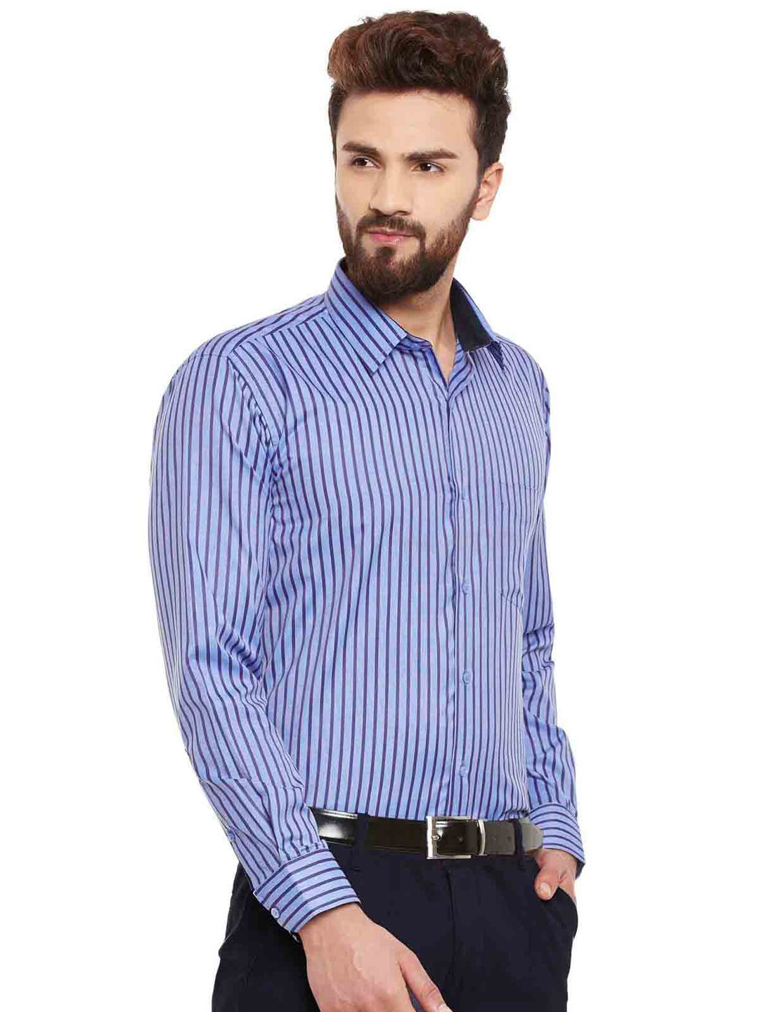 Men Blue Stripes Slim Fit Formal Shirt
