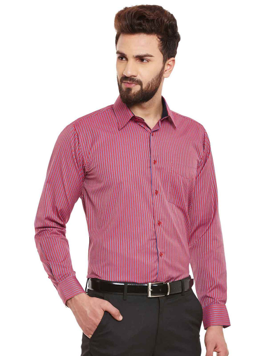 Men Red Stripes Slim Fit Formal Shirt