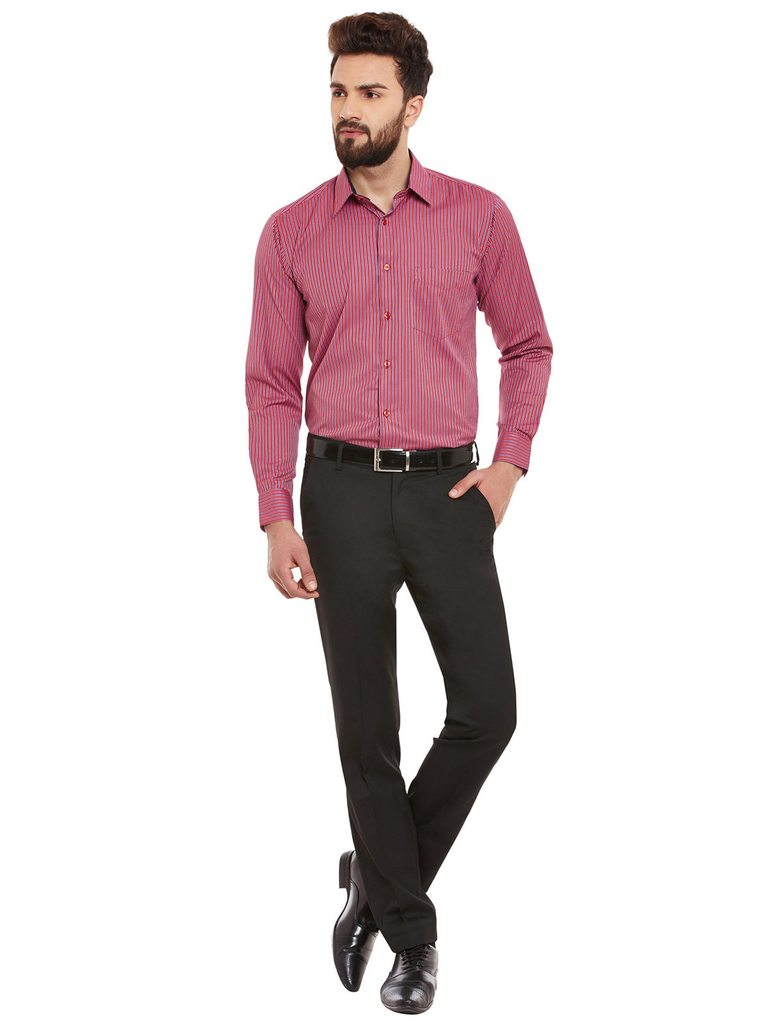 Men Red Stripes Slim Fit Formal Shirt