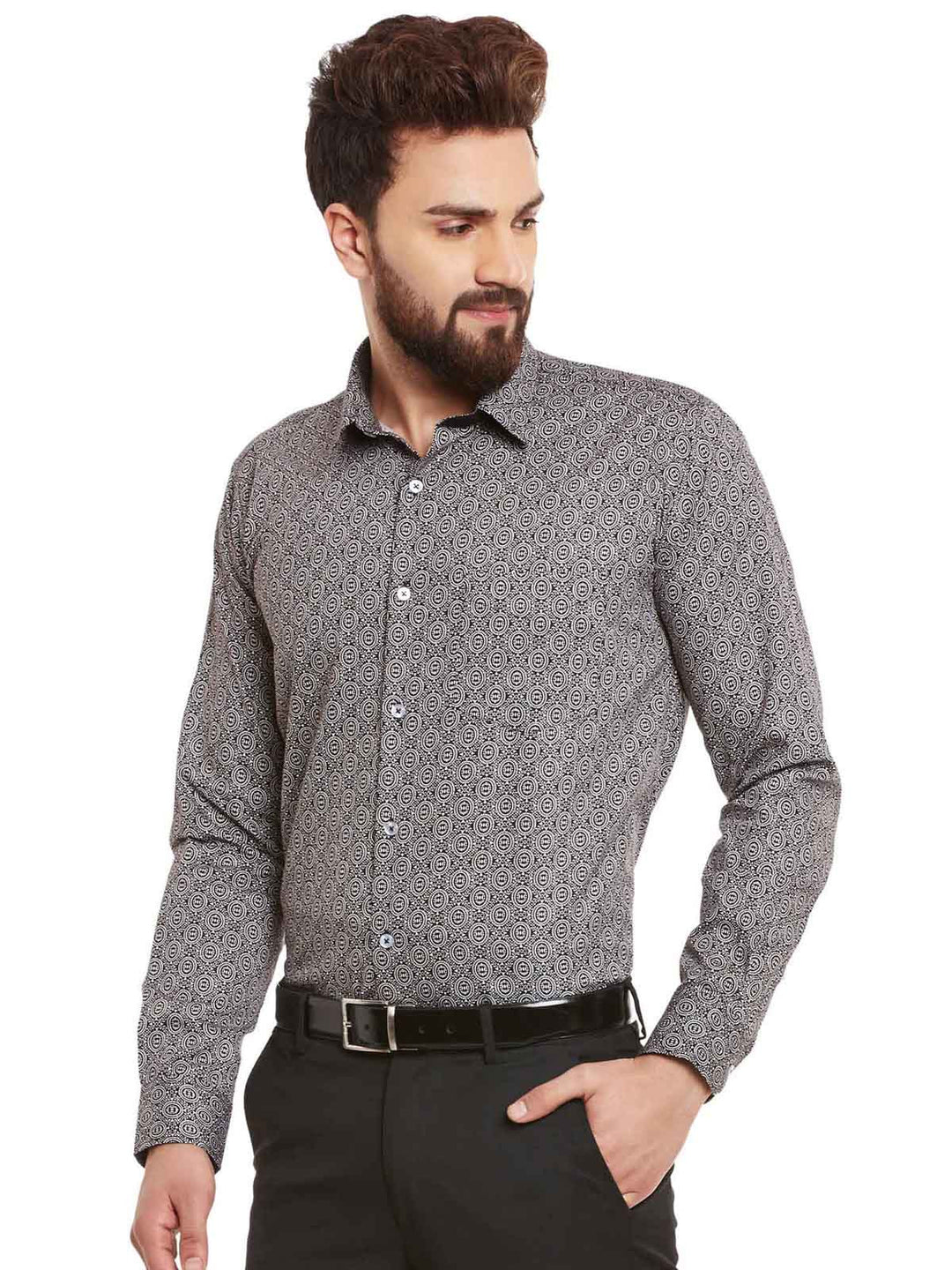 Men Black and White Print Pure Cotton Slim Fit Formal Shirt