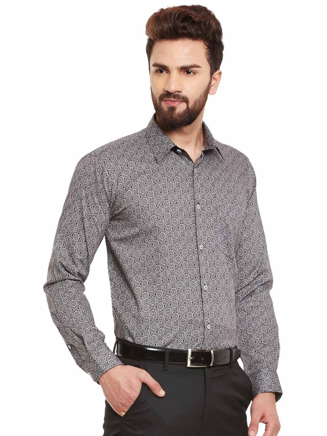 Men Black and White Print Pure Cotton Slim Fit Formal Shirt