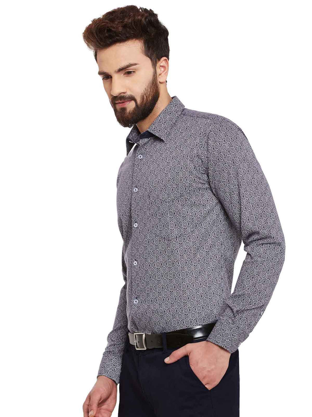 Men Navy and White Print Pure Cotton Slim Fit Formal Shirt