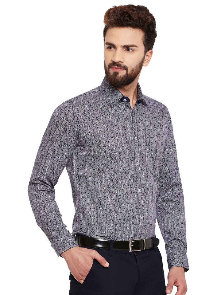 Men Navy and White Print Pure Cotton Slim Fit Formal Shirt