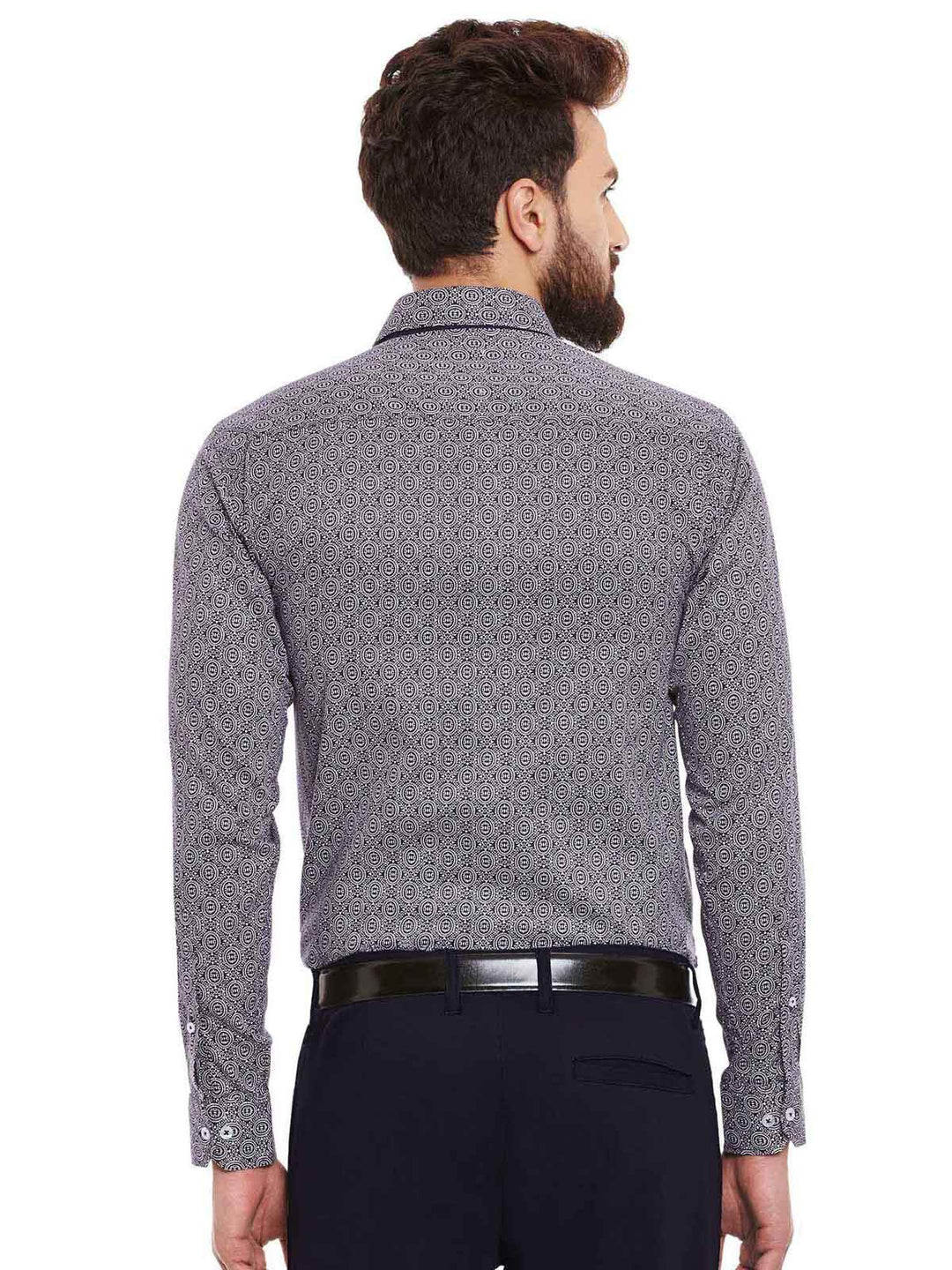 Men Navy and White Print Pure Cotton Slim Fit Formal Shirt