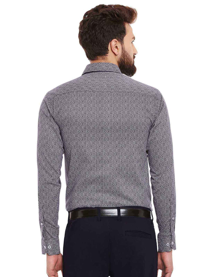 Men Navy and White Print Pure Cotton Slim Fit Formal Shirt