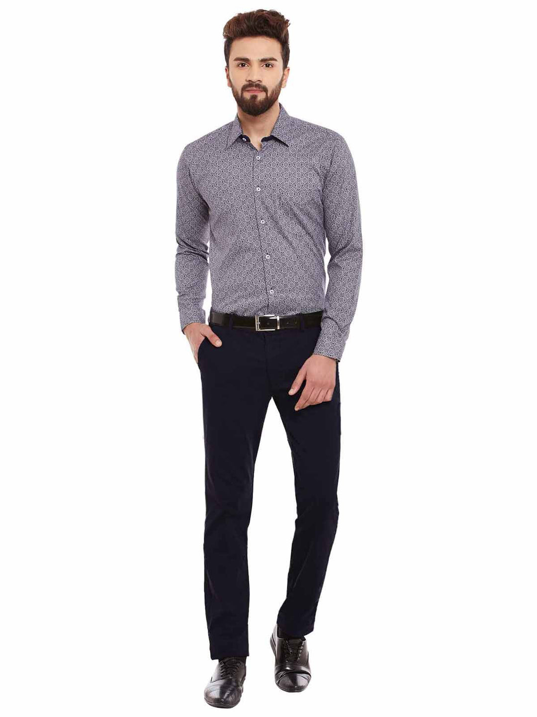 Men Navy and White Print Pure Cotton Slim Fit Formal Shirt