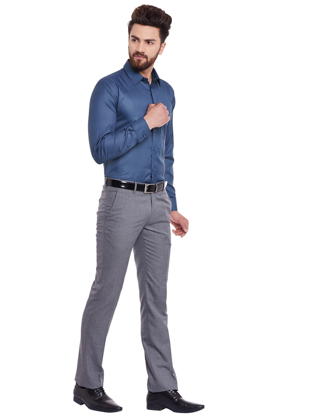 Men Navy and Grey Solid Slim Fit Formal Shirt