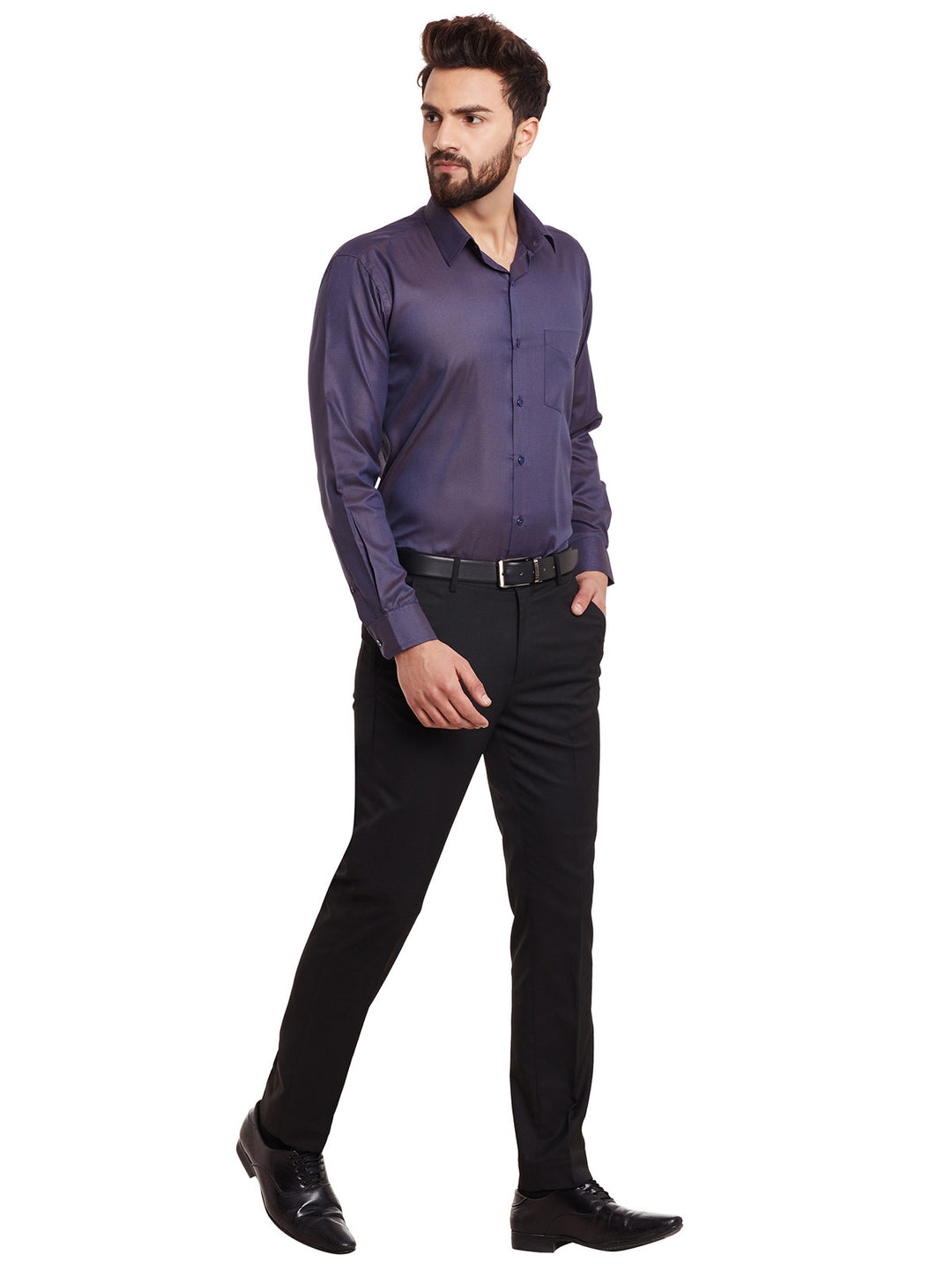 Men Navy and Orange Solid Slim Fit Formal Shirt