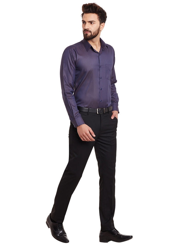 Men Navy and Orange Solid Slim Fit Formal Shirt