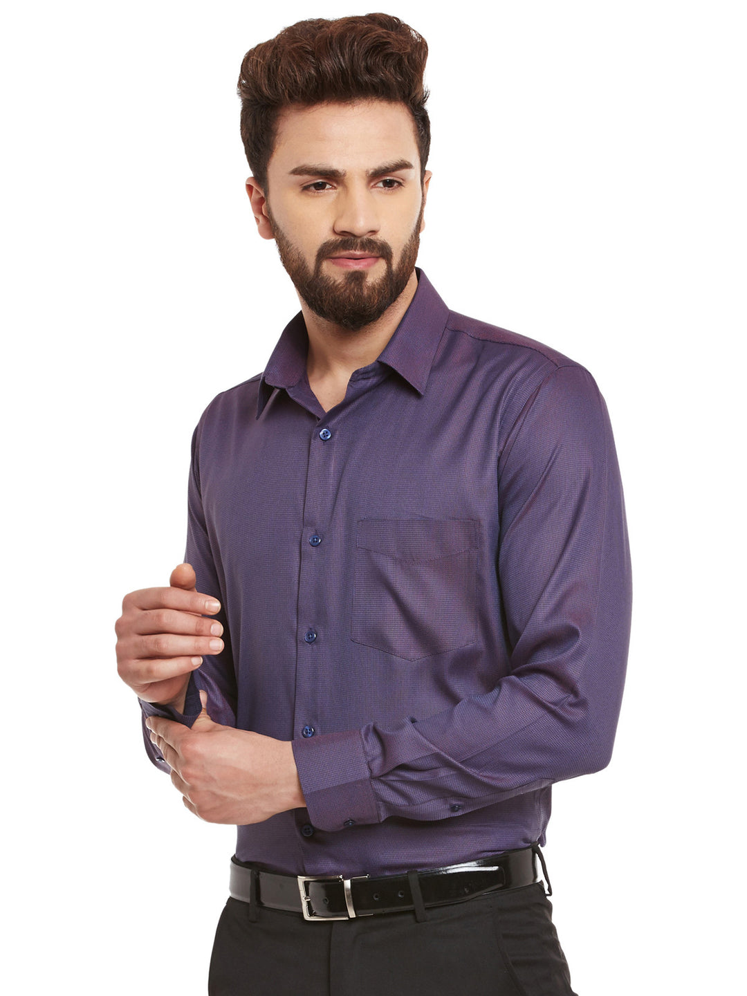 Men Navy and Red Solid Slim Fit Formal Shirt