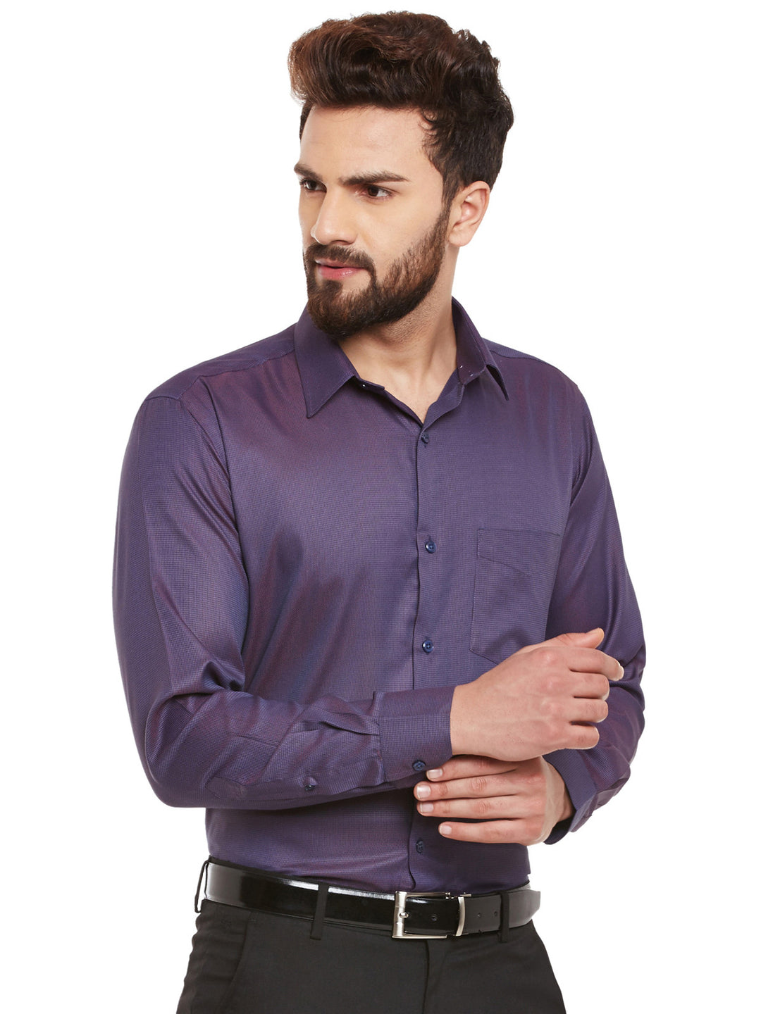 Men Navy and Red Solid Slim Fit Formal Shirt