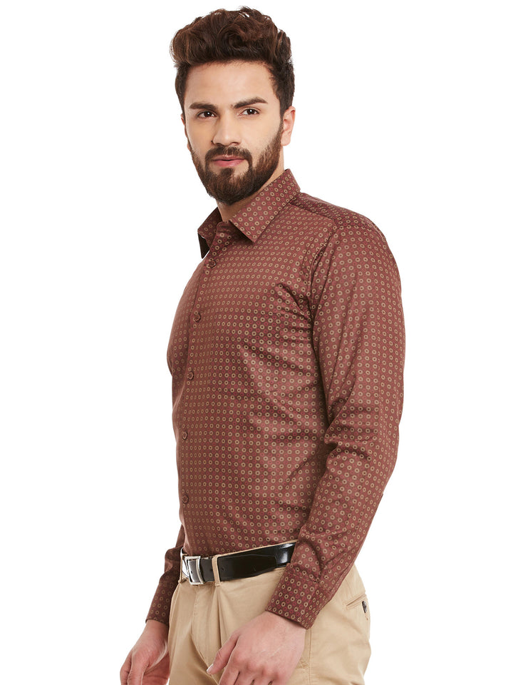 Men Brown and Red Print Pure Cotton Slim Fit Formal Shirt