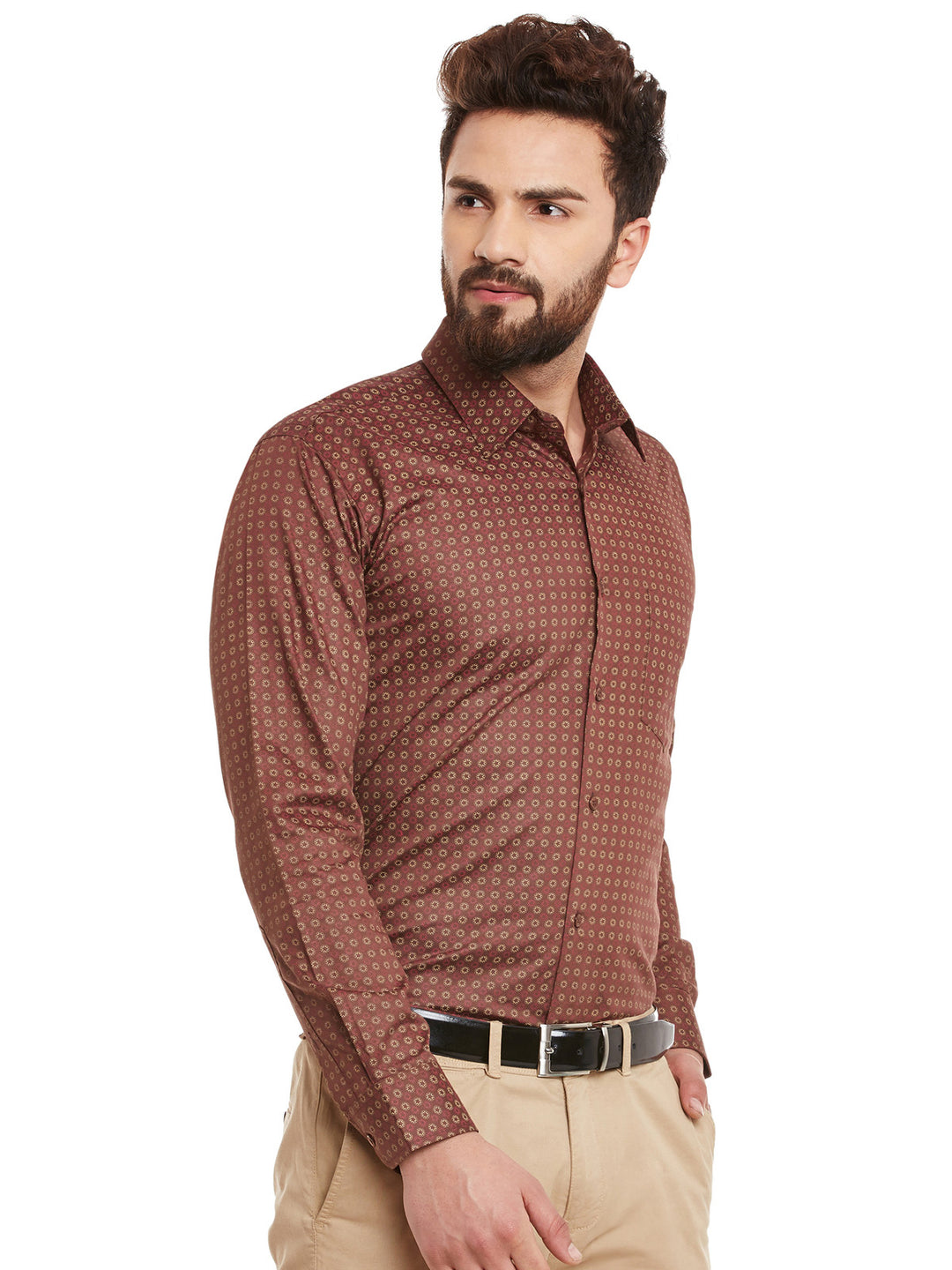 Men Brown and Red Print Pure Cotton Slim Fit Formal Shirt
