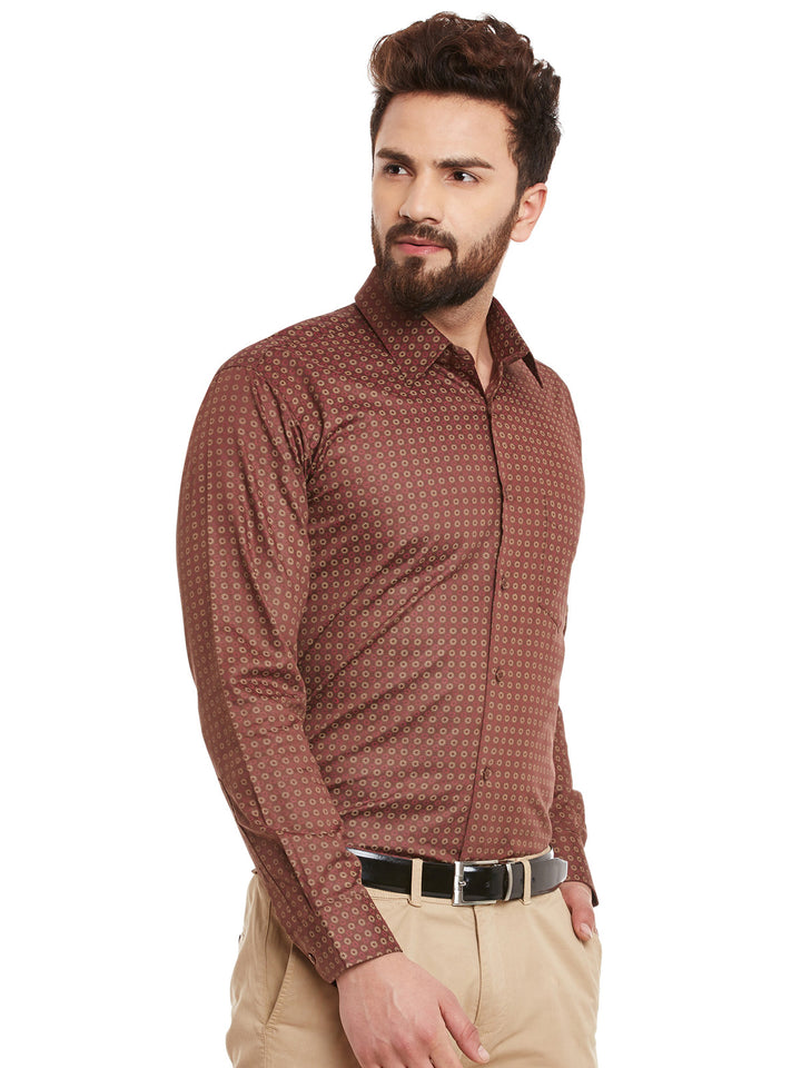 Men Brown and Red Print Pure Cotton Slim Fit Formal Shirt
