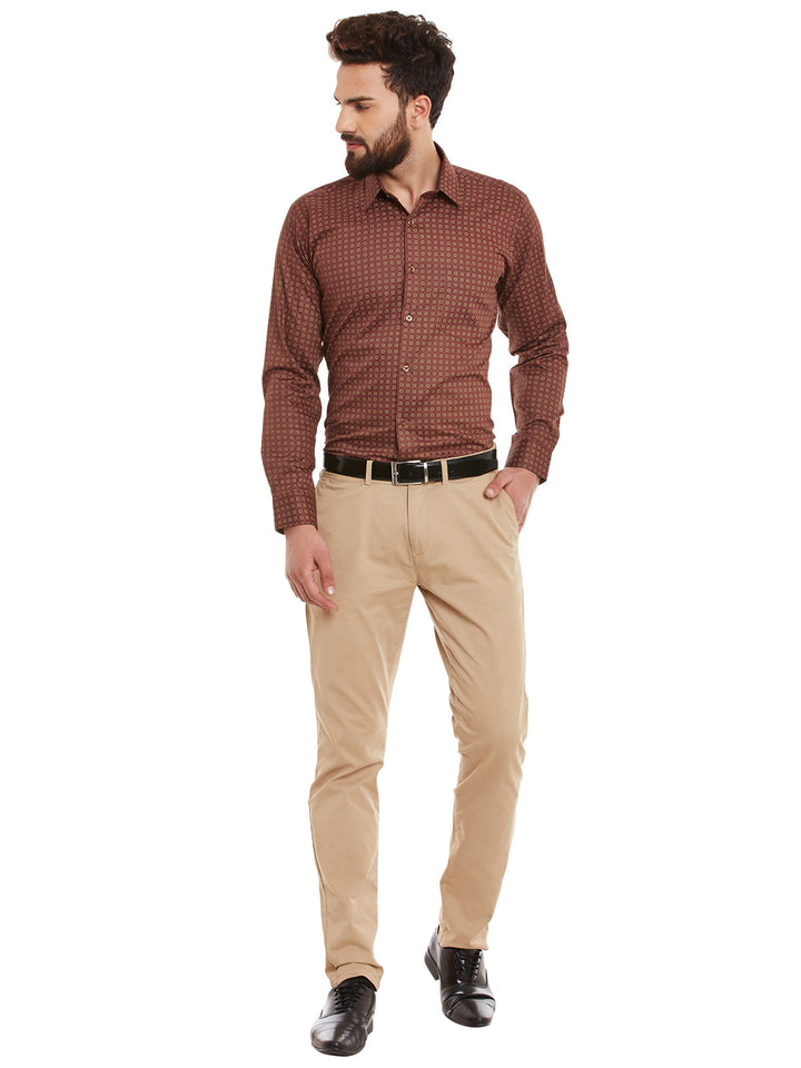 Men Brown and Red Print Pure Cotton Slim Fit Formal Shirt