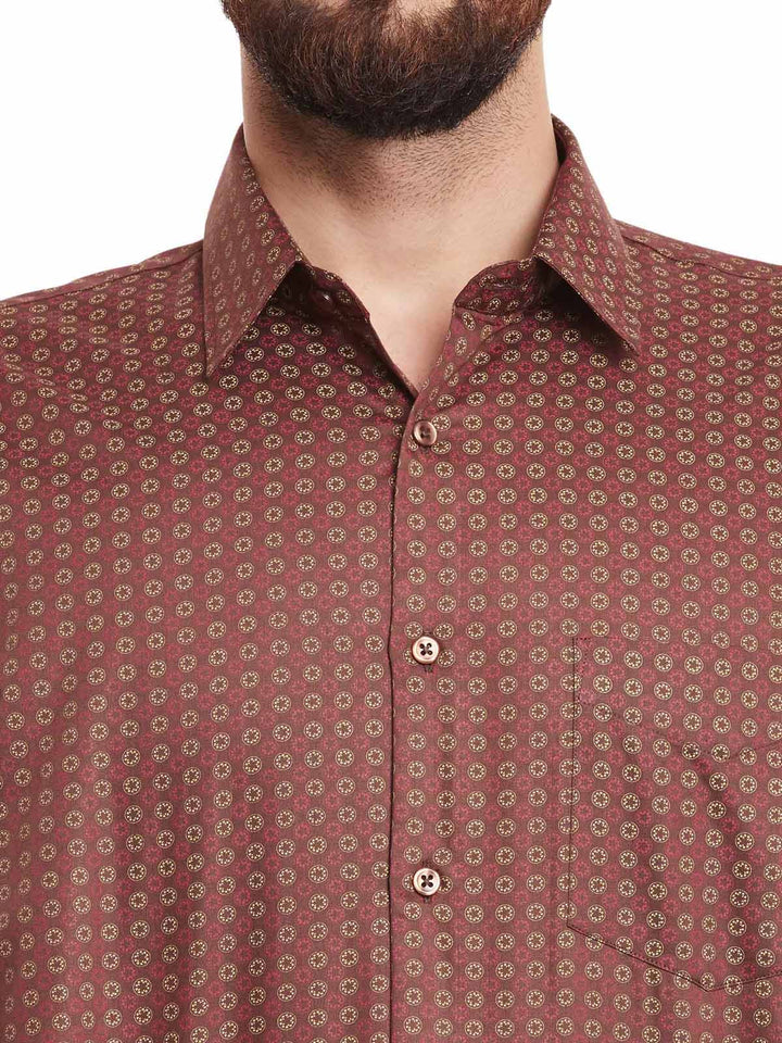 Men Brown and Red Print Pure Cotton Slim Fit Formal Shirt