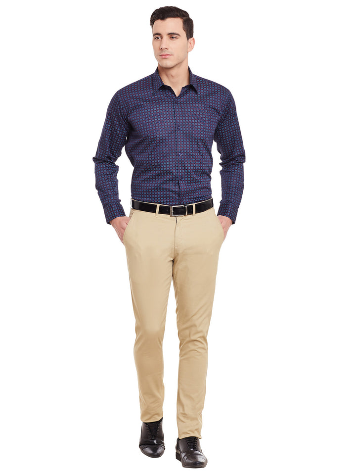Men Navy and Red Print Pure Cotton Slim Fit Formal Shirt