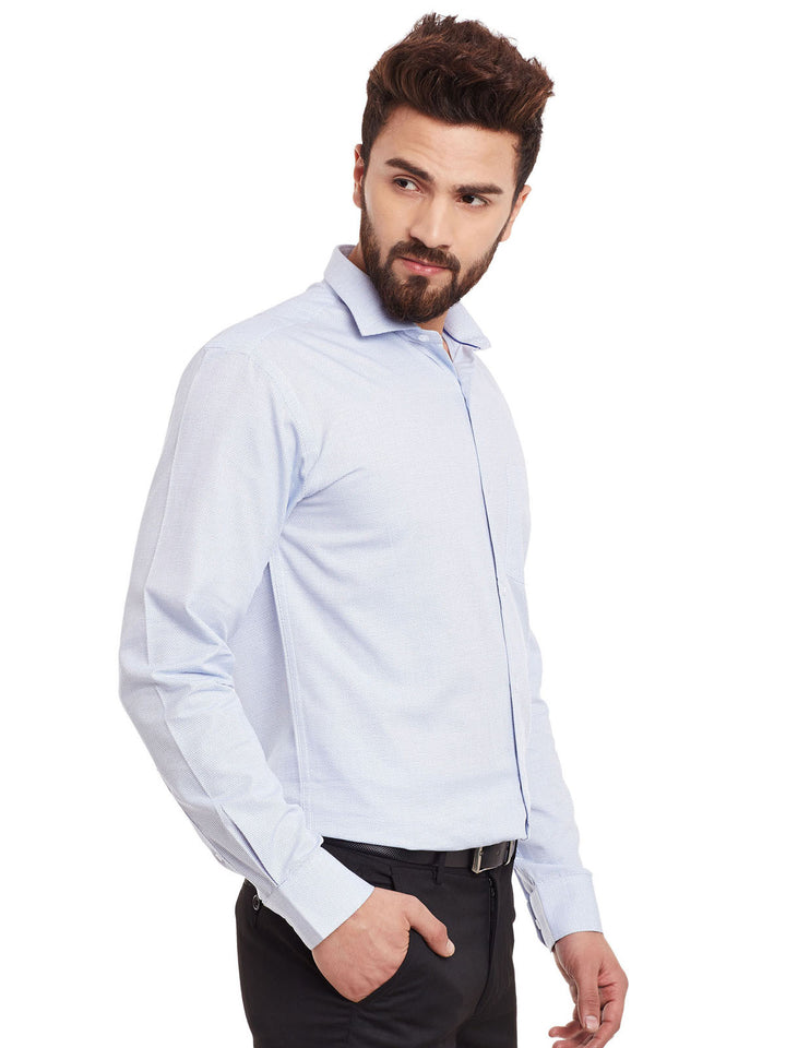 Men White and Blue Solid Pure Cotton Slim Fit Formal Shirt