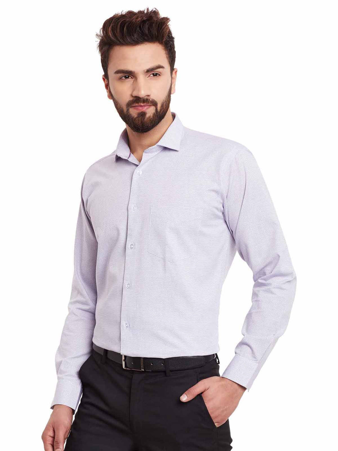 Men White and Purple Solid Pure Cotton Slim Fit Formal Shirt