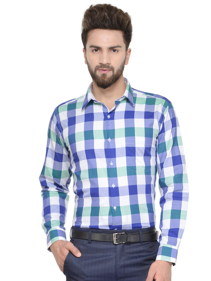 Men White and Blue Checks Pure Cotton Slim Fit Formal Shirt
