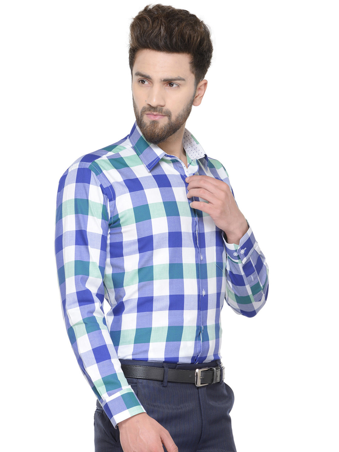 Men White and Blue Checks Pure Cotton Slim Fit Formal Shirt