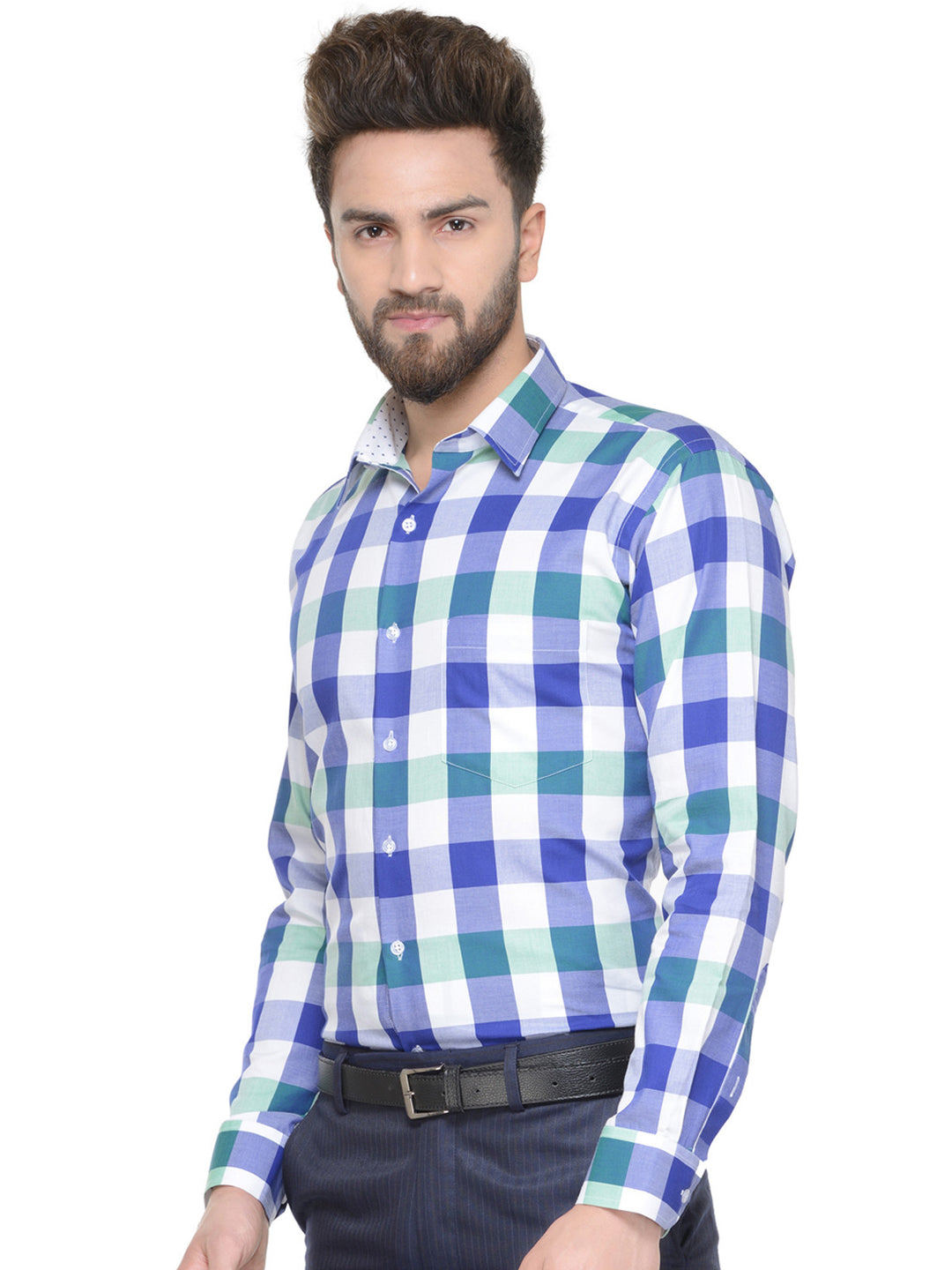 Men White and Blue Checks Pure Cotton Slim Fit Formal Shirt