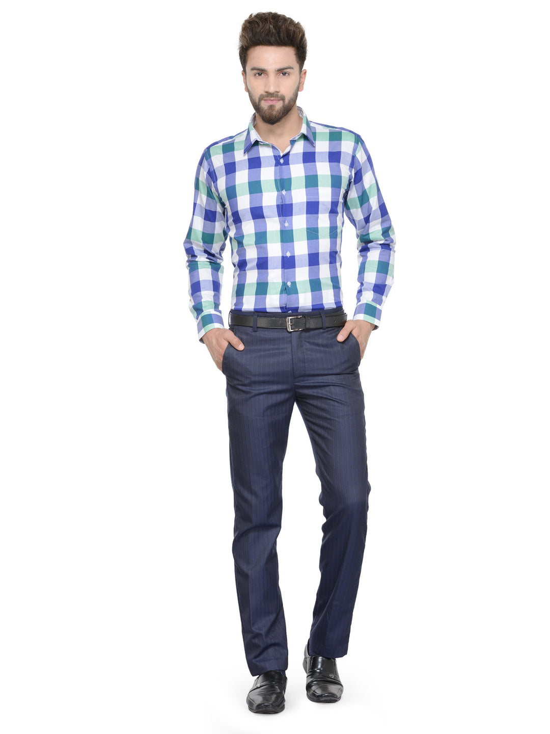 Men White and Blue Checks Pure Cotton Slim Fit Formal Shirt