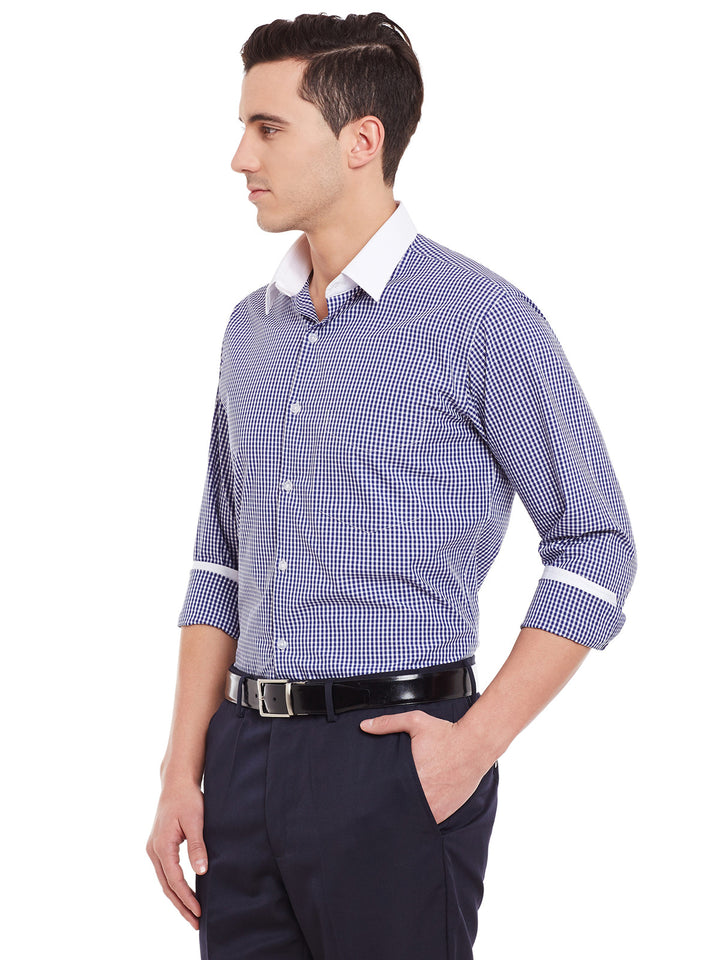 Men Blue and White Checks Pure Cotton White Collar Slim Fit Formal Shirt