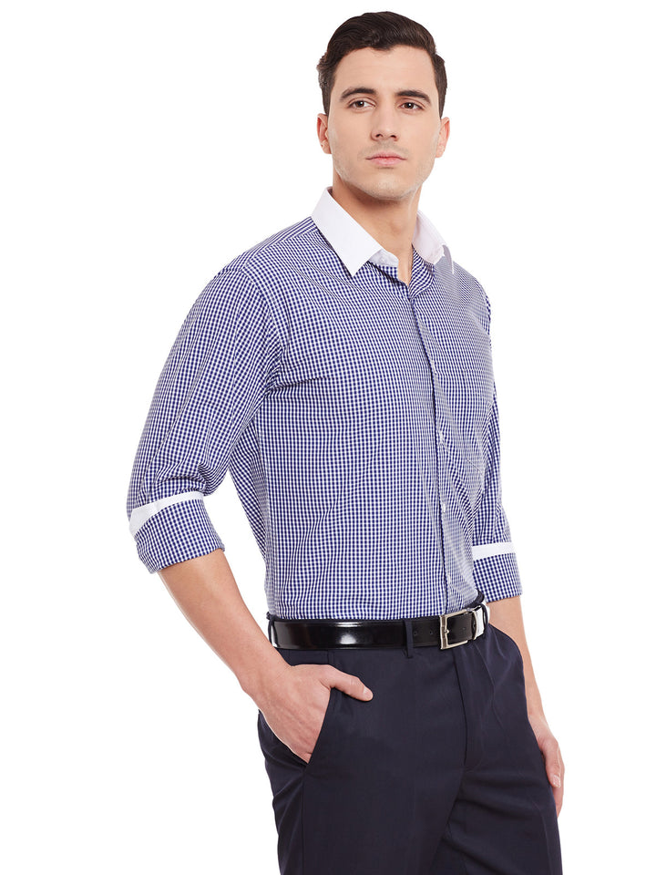 Men Blue and White Checks Pure Cotton White Collar Slim Fit Formal Shirt