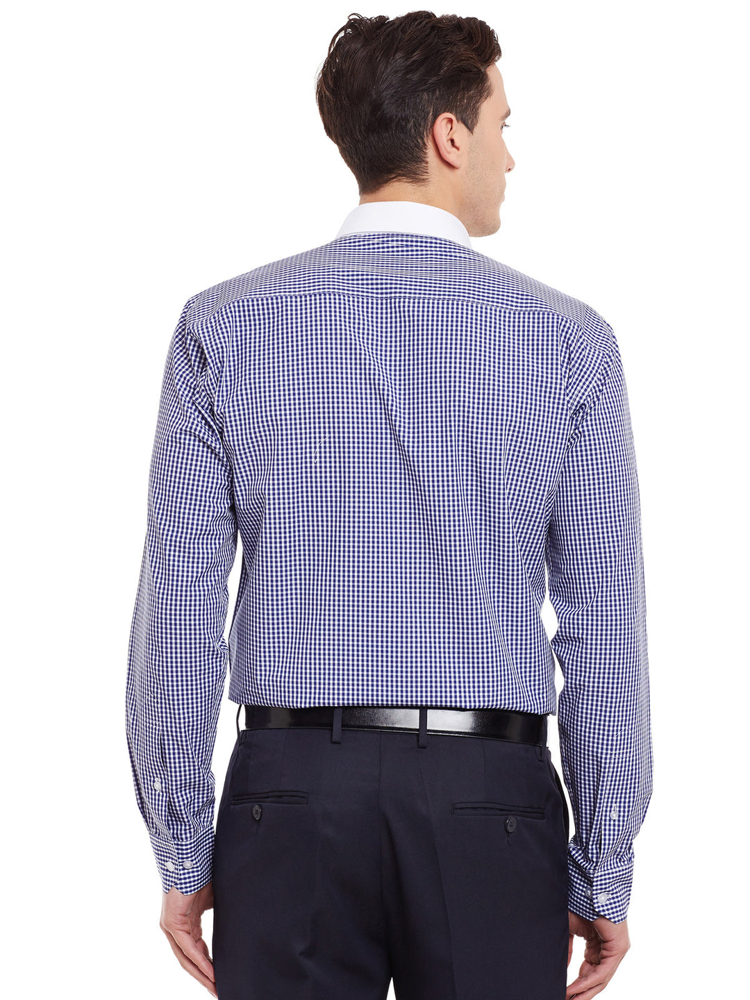 Men Blue and White Checks Pure Cotton White Collar Slim Fit Formal Shirt