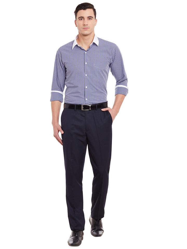 Men Blue and White Checks Pure Cotton White Collar Slim Fit Formal Shirt