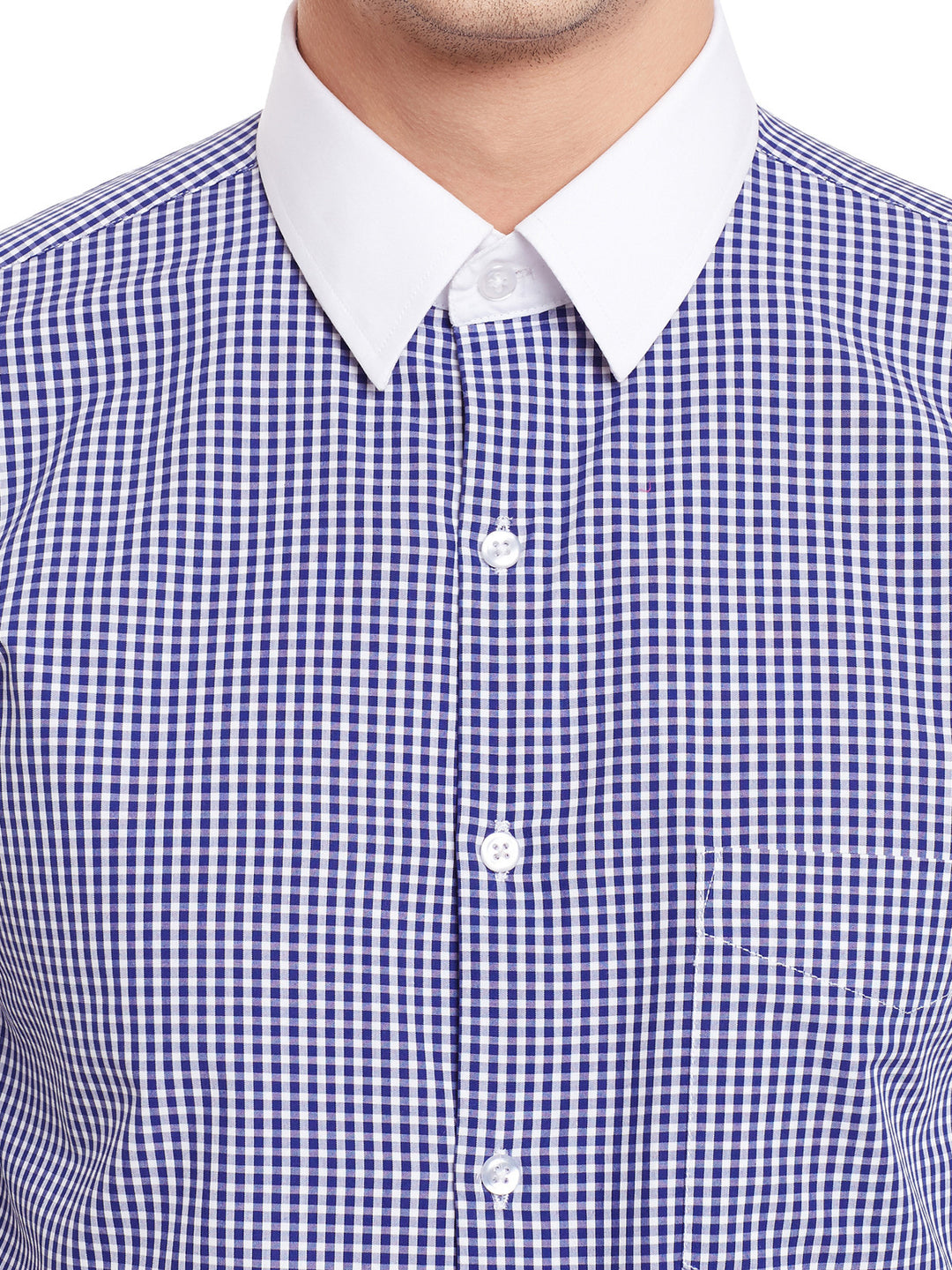 Men Blue and White Checks Pure Cotton White Collar Slim Fit Formal Shirt