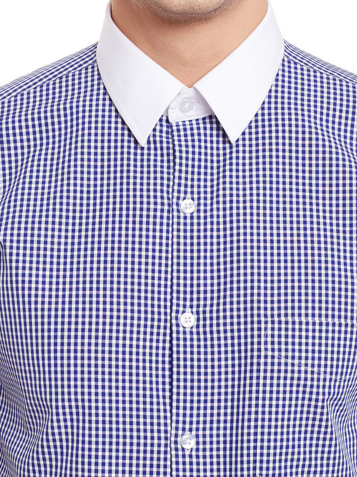 Men Blue and White Checks Pure Cotton White Collar Slim Fit Formal Shirt