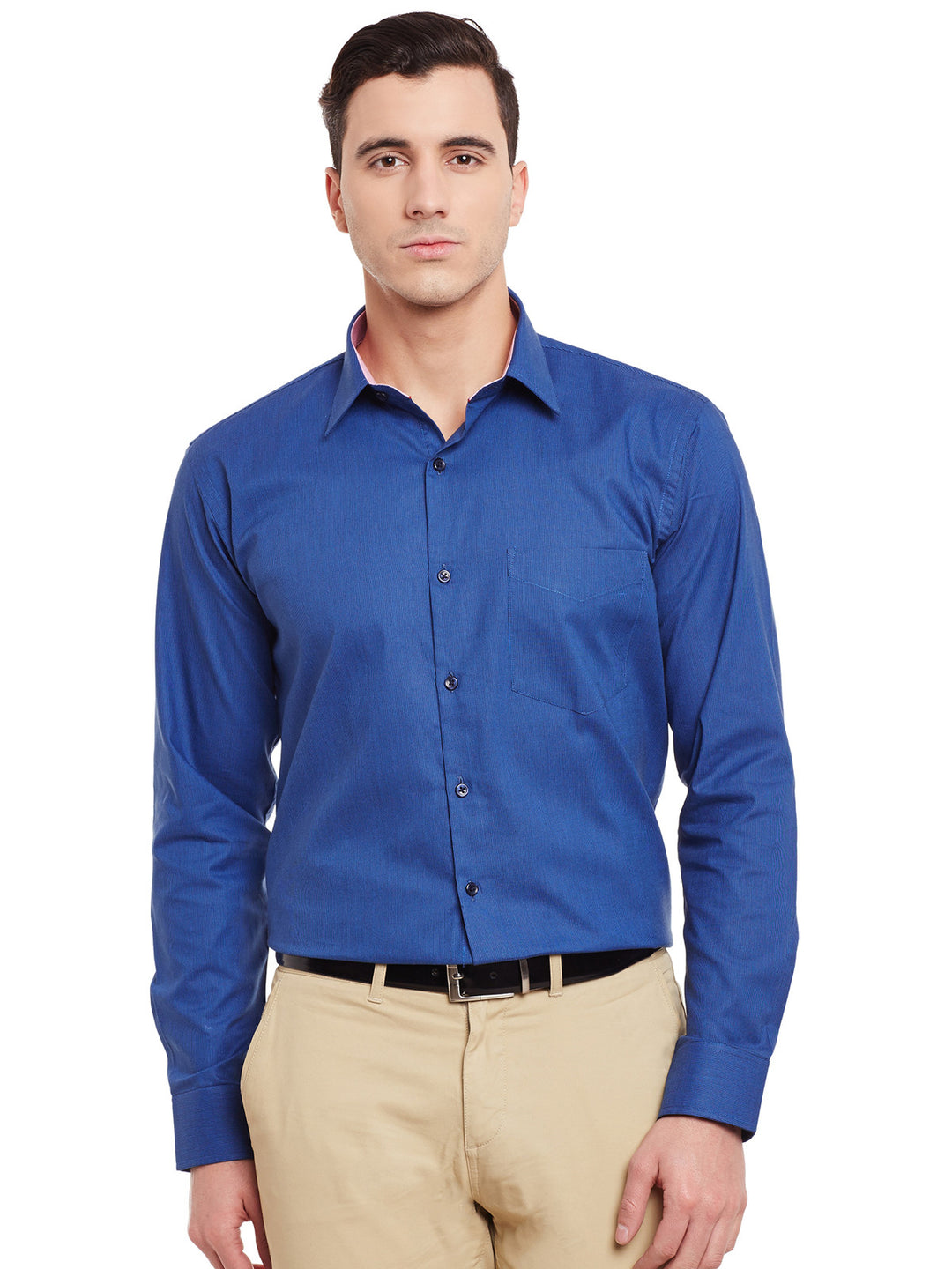 Men Royal Blue Self Design Pure Cotton Slim Fit Formal Shirt