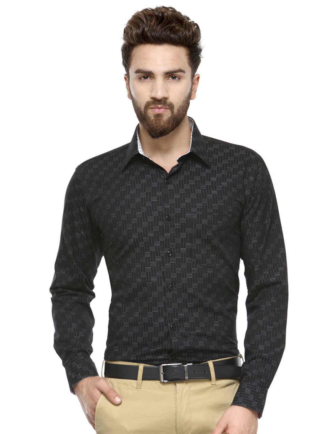 Men Black Jacquard Pure Cotton Slim Fit Formal Shirt