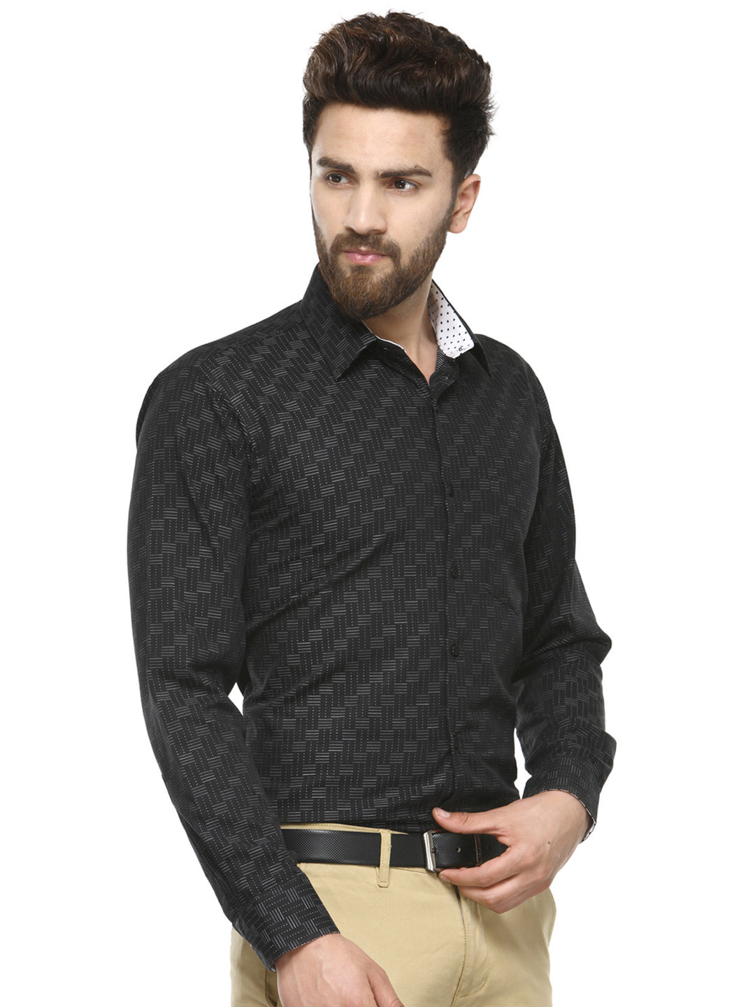 Men Black Jacquard Pure Cotton Slim Fit Formal Shirt