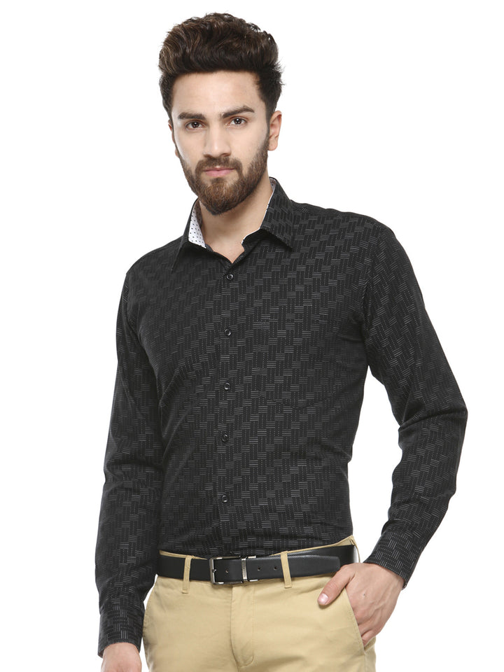 Men Black Jacquard Pure Cotton Slim Fit Formal Shirt